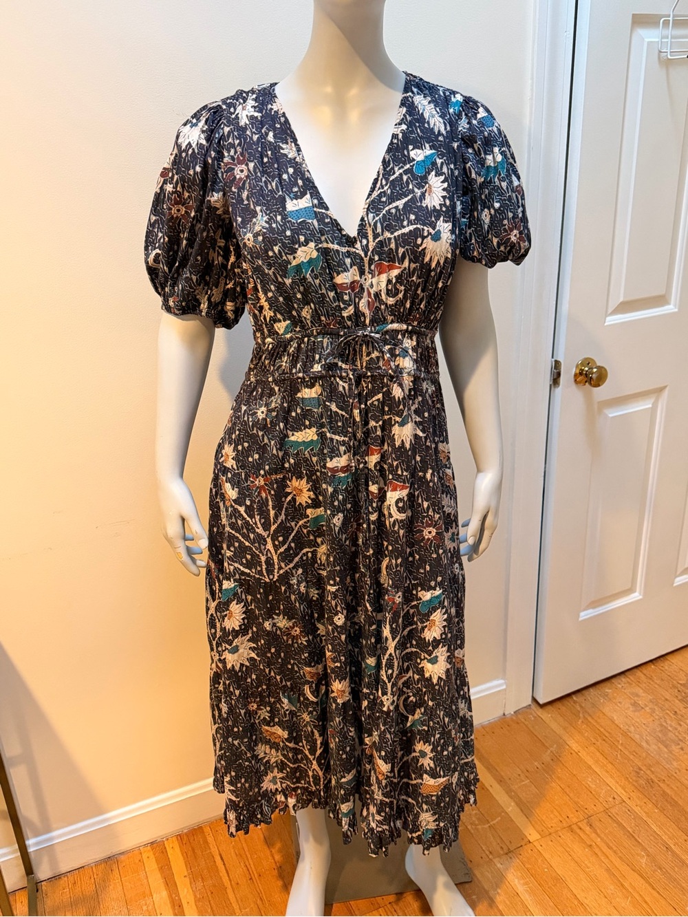 Ulla Johnson Black Floral & Bird V-Neck Midi Dress with Puff Sleeves